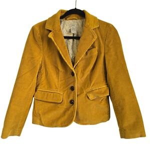 LL Bean Mustard Yellow Corduroy Blazer Jacket Petite 4 Floral Lining OHPY9